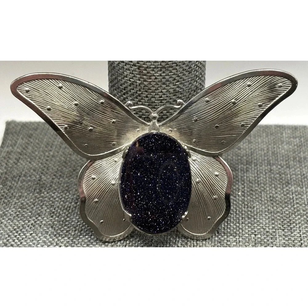 Vintage Silver Tone Butterfly Brooch Pin Dark Blue Goldstone Glitter Cabochons